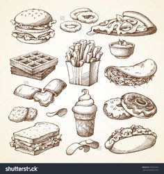 an hand drawn set of fast food