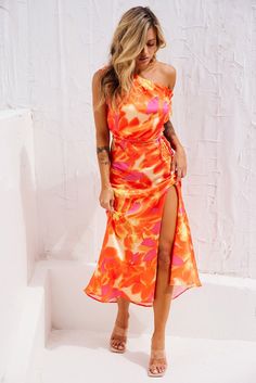 Drive By Midi Dress - Tangerine Neon Pink Midi Dress, Orange Midi Dress Formal, Spring One-shoulder Orange Maxi Dress, Orange One-shoulder Midi Dress For Summer, Orange One-shoulder Summer Dress, Orange One Shoulder Dress With Floral Print, Orange One-shoulder Floral Print Dress, Orange One-shoulder Dress With Floral Print, Spring Orange Ruched Midi Dress