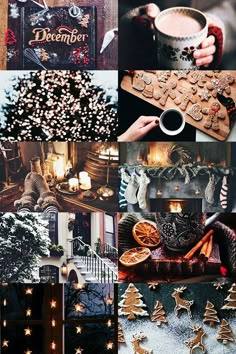 a collage of photos with gingerbread cookies, coffee and christmas decorations on them