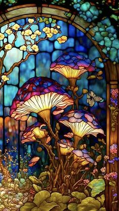 a stained glass window with mushrooms and butterflies