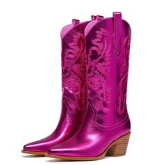 PRICES MAY VARY. [Pull up Tabs] These embroidered metallic fuchsia cowboy boots are especially designed both sides with pull on tabs,which is easy to put on and take off. [Suitable medium heel height] The heel height of these western metallic hot pink cowgirl boots is about 6.4cm/2.5 inches. You will not feel tired even wear on them for a long time. [Classic Embroidery Design] These hot pink cowboy boots for women are designed with classic embroidery. Pull-on style for easy put on and take off, Hot Pink Cowboy Boots, Hot Pink Cowgirl Boots, Cowboy Boots For Women, Pink Cowboy Boots, Pink Cowgirl Boots, Pink Cowboy, Metallic Boots, Pink Cowgirl, Boot Pulls