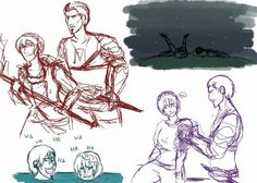 three different sketches of people sitting on the ground