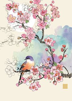 a bird sitting on top of a tree filled with pink flowers