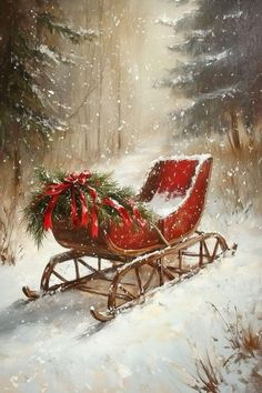 a painting of a sleigh with a christmas wreath on it in the snow