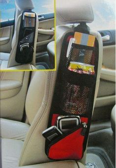 a cell phone holder in the back seat of a car with an image of a cell phone hanging from it