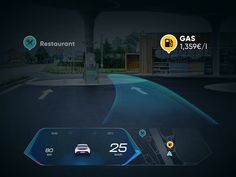 an image of a car dashboard with gps and location information on the display, in front of a gas station