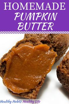 homemade pumpkin butter is in the middle of two muffins