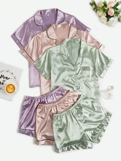 3pcs Satin Lapel Collar Ruched Front PJ Set / Pajama Set Multicolor Elegant  Short Sleeve  Plain Short Sets Non-Stretch All Women Sleep & Lounge, size features are:Bust: ,Length: ,Sleeve Length: Silk Pj Set, Satin Pj Set, Short Pj Set, Tropical Floral Print, Cute Pajamas