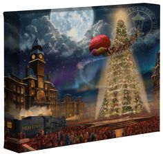 a painting of a christmas tree in front of a building with lights and people around it