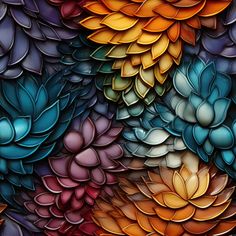 an abstract painting with many colors and shapes on it's surface, including flowers