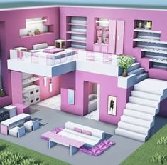 a doll house is shown with pink walls and stairs