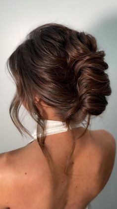 Bridal Hair Updo French Twist, Soft Bridal Hair Updo, Wedding Updos For Medium Hair Brown, High Neck Wedding Hairstyles, Bridesmaid Hair Updo High Neck Dress, Bridal Hair With High Neckline Dress, Open Back Bridesmaid Dress Hairstyles, French Twist Updo Brown Hair, Up Do For High Neck Dress