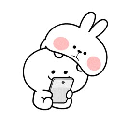 a cartoon rabbit holding a cell phone in its paws and looking at it's screen