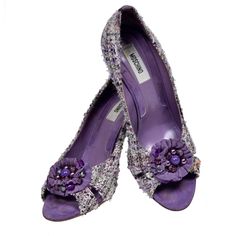 This is a great pair of vintage Moschino purple tweed open toe shoes with beaded suede bows or rosettes and 3.5” purple suede heels. The shoes are labeled a size 37 and 1/4” wide at the widest part of the outside of the sole. Purple Embellished Open Toe Heels, Tweed Shoes, Moschino Vintage, Moschino Shoes, Sequin Heels, Navy Blue Shoes, Shoes Purple, Rose Shoes, Shoes Vintage