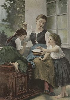 two women and a child are sitting on a bench in front of an open window