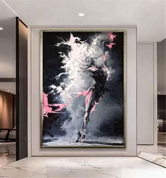 a painting hanging on the wall in a room with white walls and marble flooring