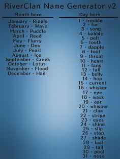 the riverclan name generator v2 is displayed on a blue background with text