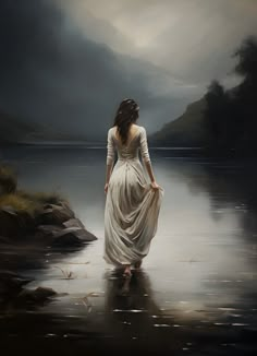 a painting of a woman in a white dress standing on the shore with her back to the camera