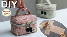 a hand holding a small bag with zippers on it and the image shows how to sew