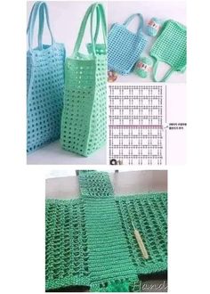 crocheted bags and purses are shown in two different pictures, one is green