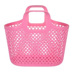 a pink plastic shopping basket with holes on the sides and handles, isolated against a white background