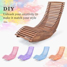 three different colors of wooden slatted chair with text that reads, diy unleash your creativity to make it match your style