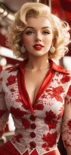 a woman in a red and white dress posing for the camera