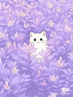 a white cat sitting in the middle of purple flowers