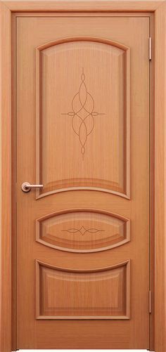 a wooden door with an intricate design on the front and side panels, in light wood