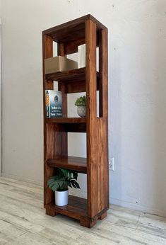 a wooden shelf with some books on top of it and a potted plant in the corner