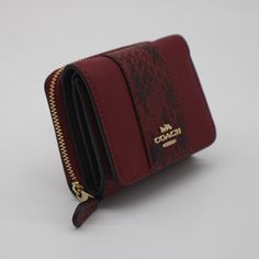 Smooth Leather And Snake-Embossed Leather Two Credit Card Slots Full-Length Bill Compartment Id Window Snap Closure Outside Zip Coin Pocket 4" (L) X 3 1/4" (H) X 1 1/2" (W) Style Coach C6026 - Small Trifold Snake Wallet In Colorblock In Cherry Coach Cherry Wallet, Burgundy Wallet With Interior Card Slots, Burgundy Rectangular Wallet With Interior Card Slots, Chic Red Coach Wallet, Chic Red Leather Wallets, Chic Red Wallet With Card Slots, Red Leather Wallet With Removable Pouch, Elegant Red Coach Wallet, Coach Leather Wallets With Zipper Closure