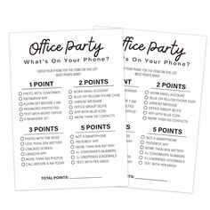 two office party game cards with the words office party written on them and one for each