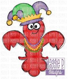 a red crab with a green hat and beads on it's head, wearing a purple