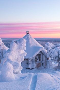 a small house covered in snow next to some trees and bushes on a snowy hill