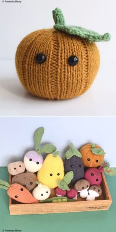 there are knitted fruits and vegetables in the box