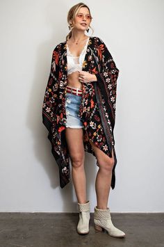 Black Bohemian Kimono For Beach Cover-up, Hippie Printed Kimono For Beach Cover-up, Multicolor Print Kimono For Spring Beach Cover-up, Hippie Style Multicolor Wrap Kimono, Hippie Multicolor Wrap Kimono, Printed Wrap Kimono For Beach Cover-up, Multicolor Wrap Kimono For Festivals, Bohemian Multicolor Patterned Kimono, Bohemian Patterned Multicolor Kimono