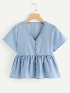 V Neck Ruffle Denim Top | SHEIN USA Ruffle Denim Top, Denim Top Women, Diy Vetement, Top Shein, Trendy Dress Outfits, Fashion Tops Blouse, Trendy Fashion Tops, Crop Top Outfits, V Neck Top