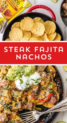 steak fajita nachos in a skillet with salsa and tortillas