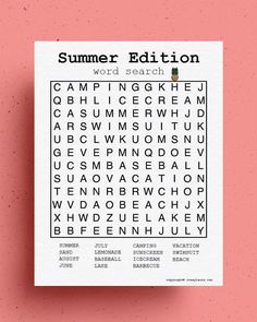 the word search is displayed on top of a piece of paper that says summer edition