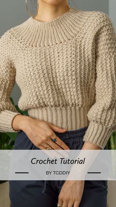 a woman with her hands in her pockets wearing a sweater and earrings, text reads crochet tutor by today