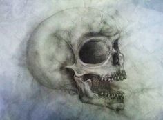 a drawing of a human skull on a white paper with black and gray inks