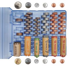 an assortment of coins and pencils in a plastic case with dividers on each side