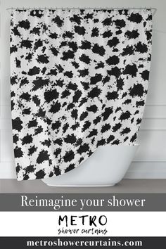 a black and white shower curtain with the words remagine your shower metro