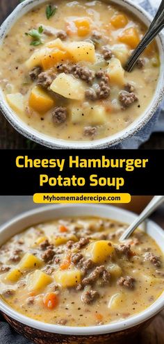 two pictures of cheese hamburger potato soup