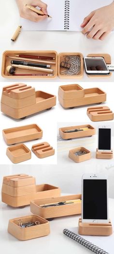 several different types of wooden boxes with pens and pencils in them