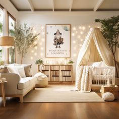 a living room filled with furniture and a baby crib next to a large window