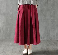 Casual Cotton linen loose fitting Women's Skirts Red Skirt With Pockets For Spring, Red Full Skirt Bottoms With Pockets, Casual Red Full Skirt Bottoms, Red Cotton Flared Skirt Bottoms, Red Spring Skirt With Pockets, Red Full Skirt With Pockets, Red Skirted Bottoms With Pockets, Red Maxi Skirt With Pockets For Spring, Casual Red Long Skirt