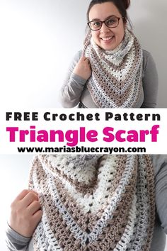 a woman wearing a crochet triangle scarf with text overlay that reads, free crochet pattern triangle scarf