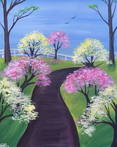 a painting of a road with trees and flowers on it