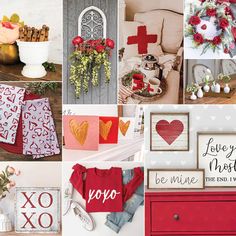 red and white valentine's day collage with hearts, flowers, pictures, vases